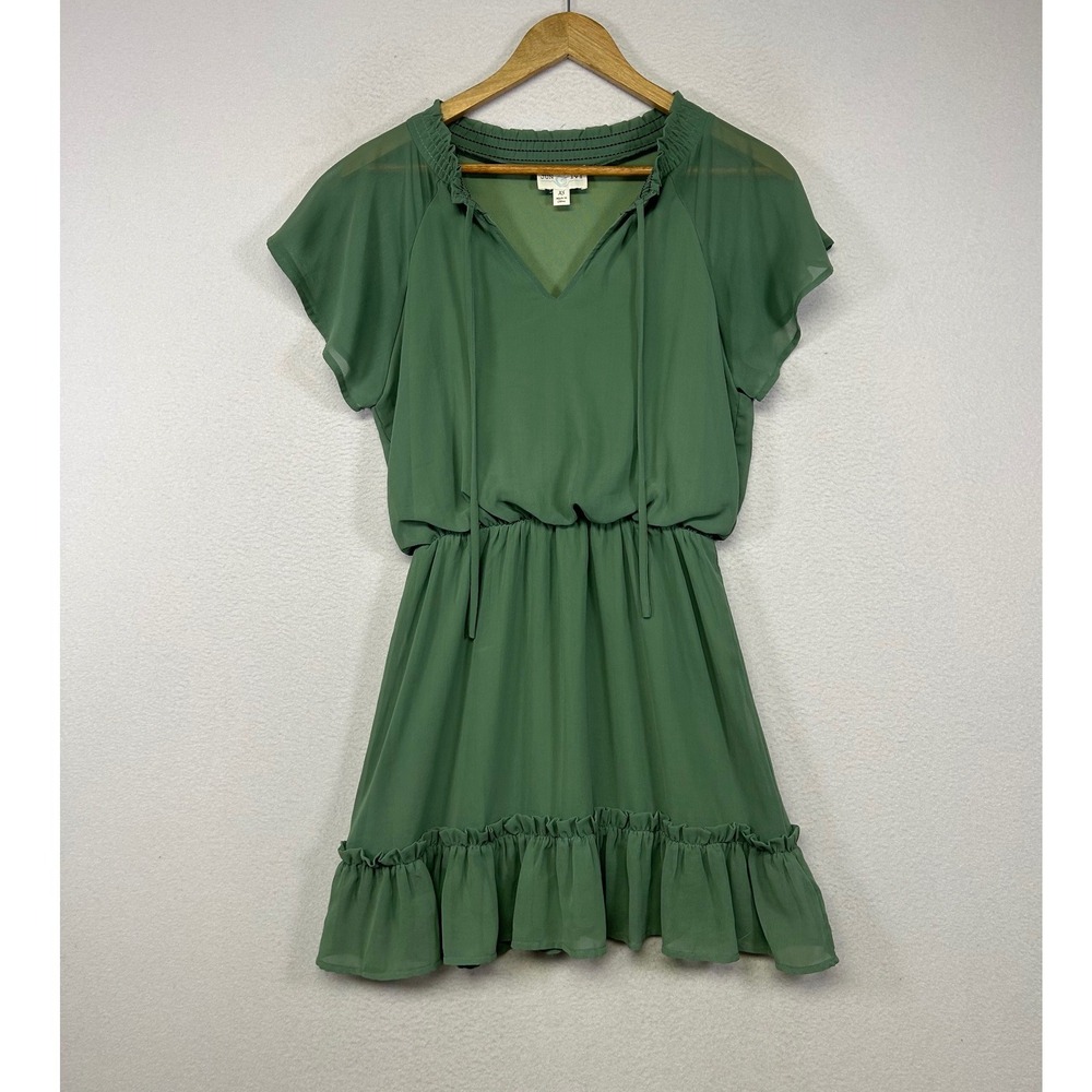 Cottagecore Jun & Ivy Womens XS Sage Green Ruffle Hem Smocked Chiffon Mini Dress